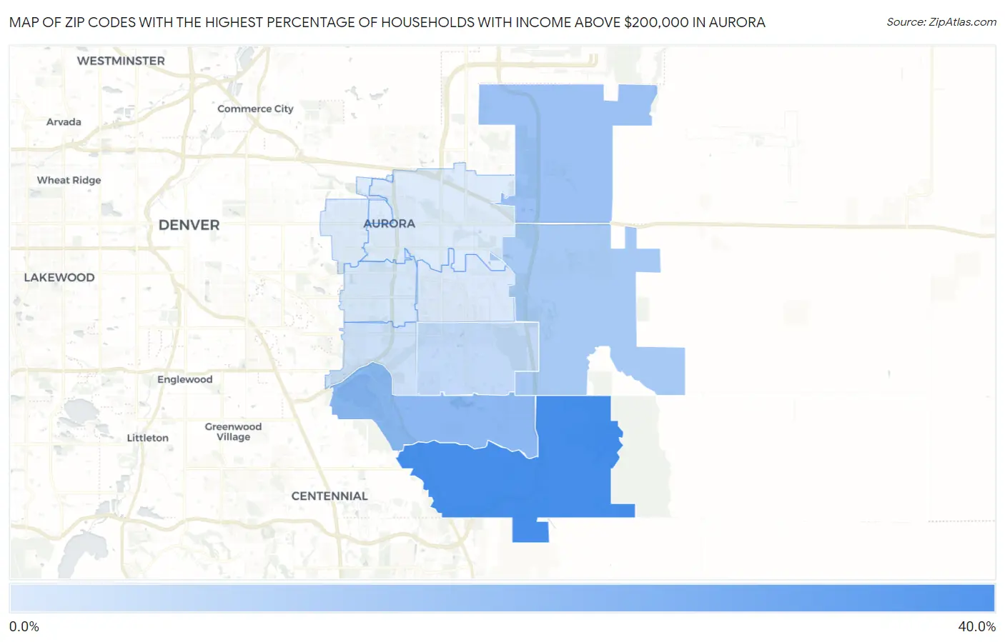 Zip Codes with the Highest Percentage of Households with Income Above $200,000 in Aurora Map