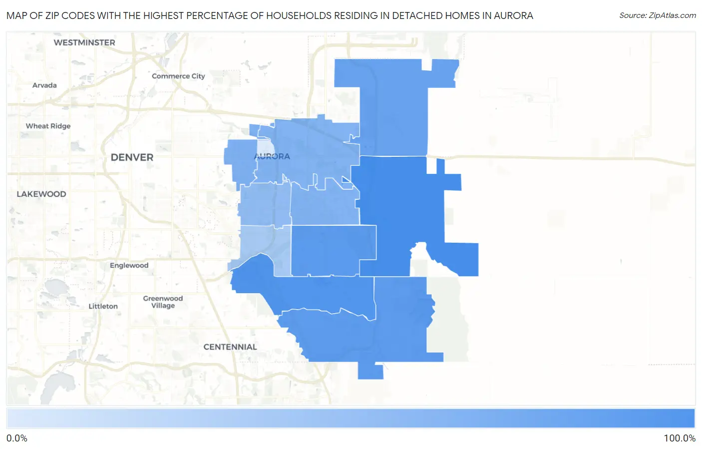 Zip Codes with the Highest Percentage of Households Residing in Detached Homes in Aurora Map