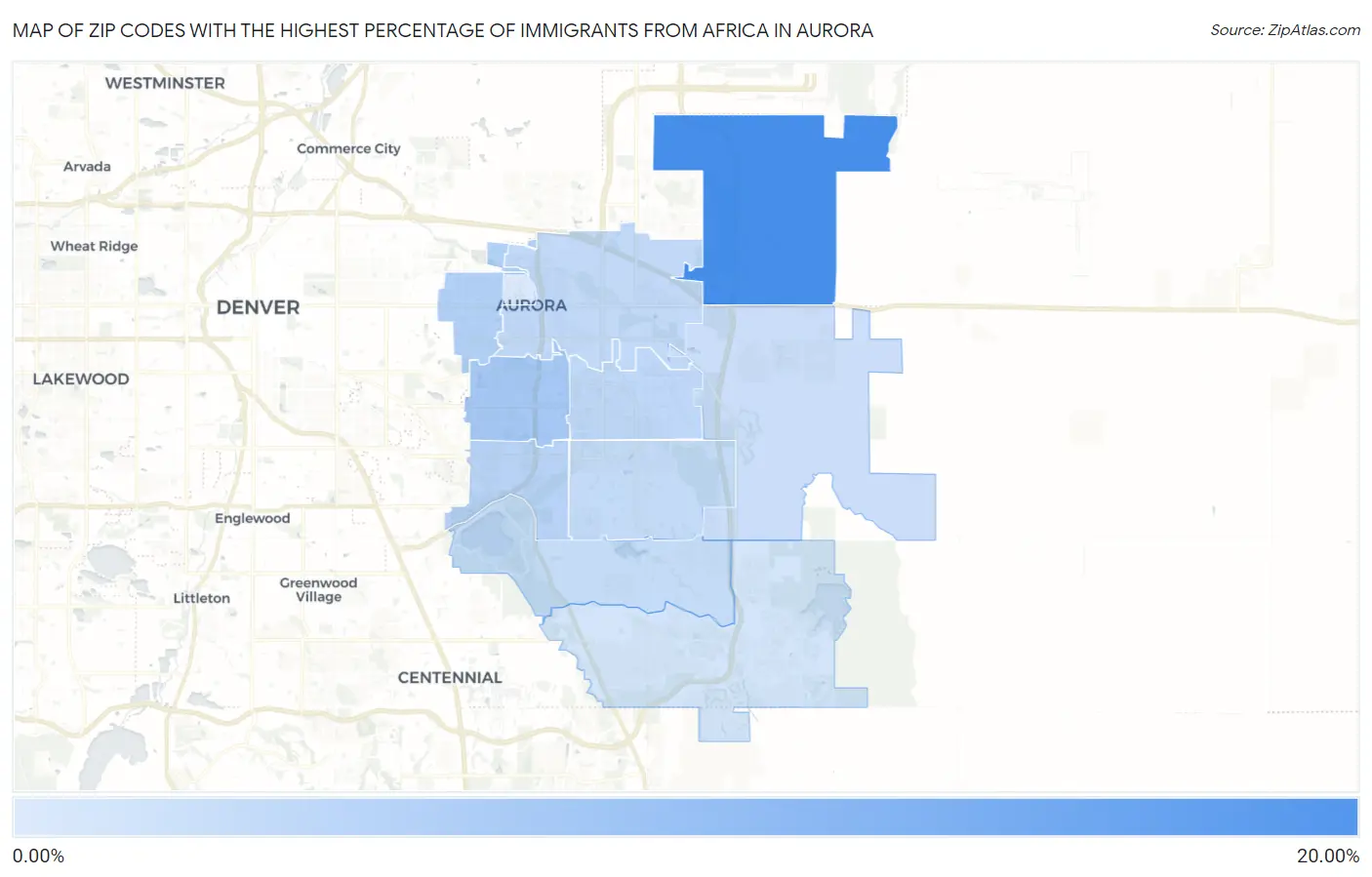 Zip Codes with the Highest Percentage of Immigrants from Africa in Aurora Map