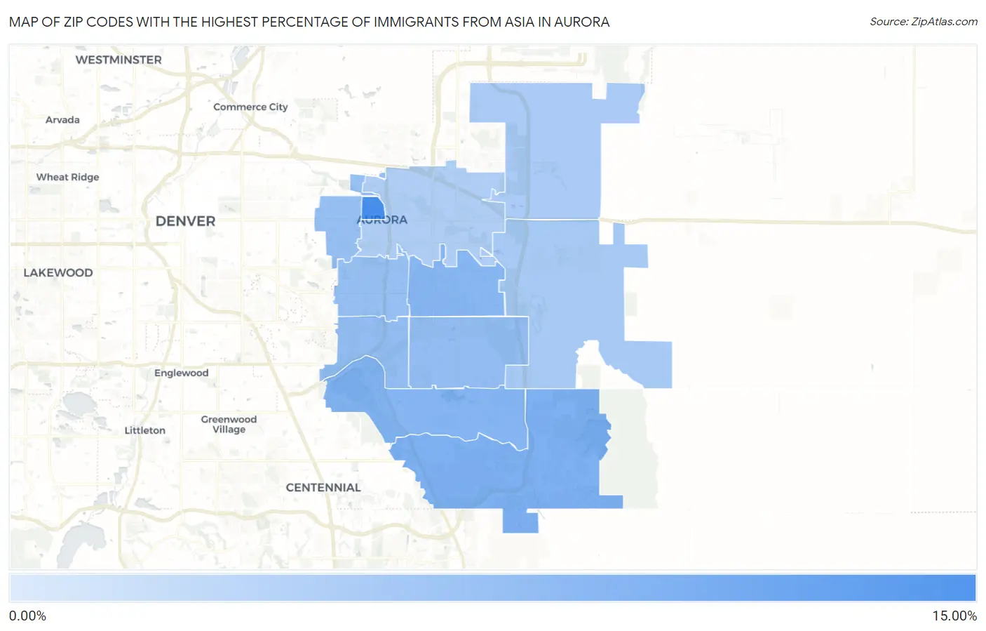 Zip Codes with the Highest Percentage of Immigrants from Asia in Aurora Map