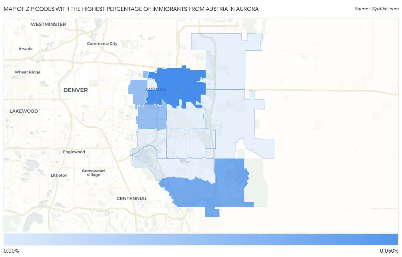Zip Codes with the Highest Percentage of Immigrants from Austria in Aurora Map