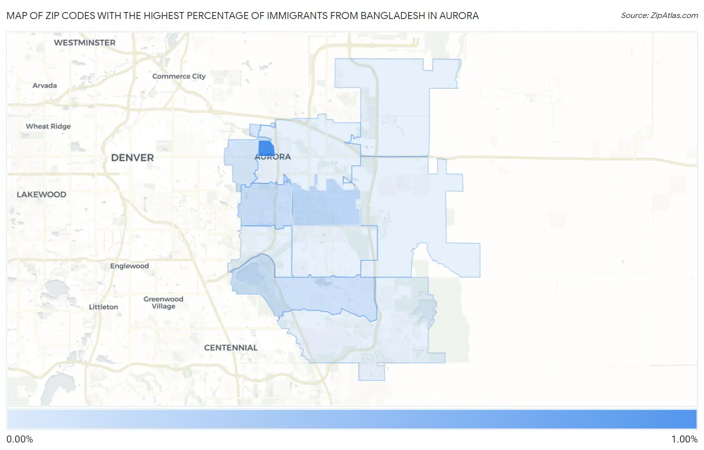 Zip Codes with the Highest Percentage of Immigrants from Bangladesh in Aurora Map