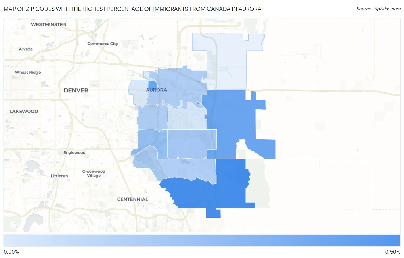 Zip Codes with the Highest Percentage of Immigrants from Canada in Aurora Map
