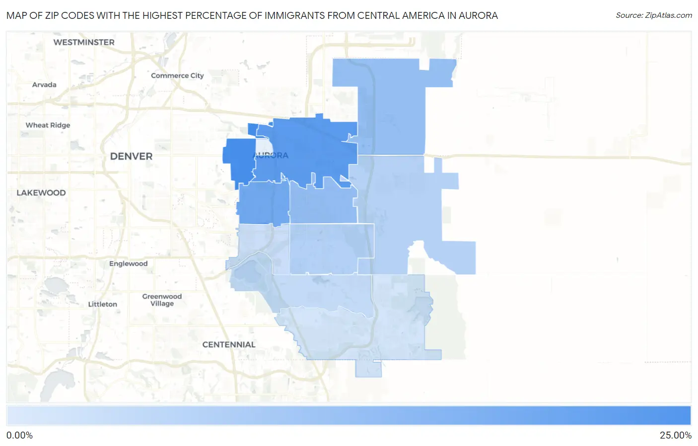 Zip Codes with the Highest Percentage of Immigrants from Central America in Aurora Map