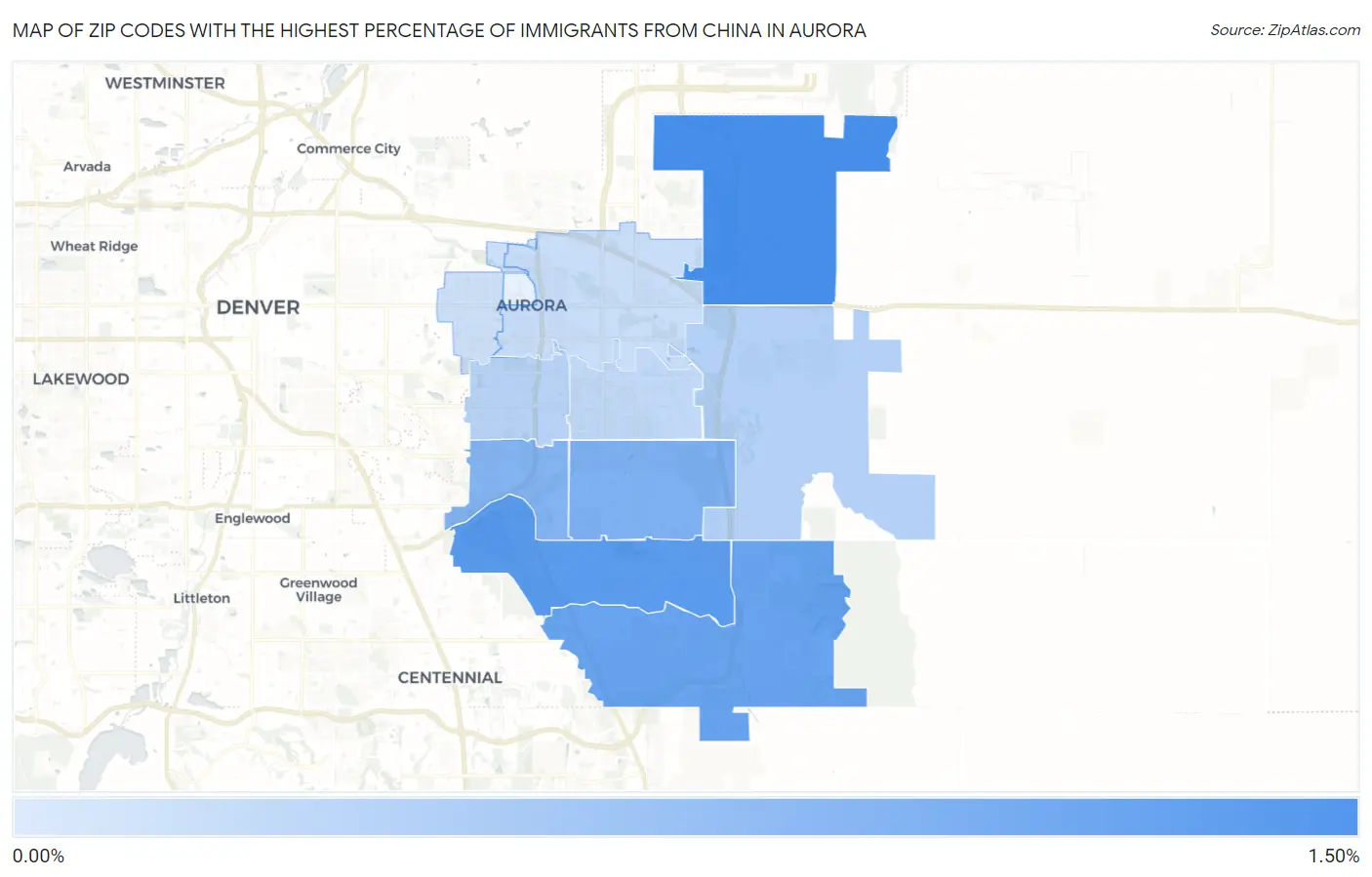 Zip Codes with the Highest Percentage of Immigrants from China in Aurora Map