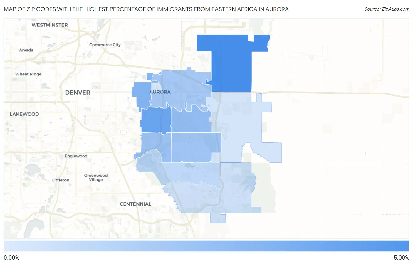 Zip Codes with the Highest Percentage of Immigrants from Eastern Africa in Aurora Map