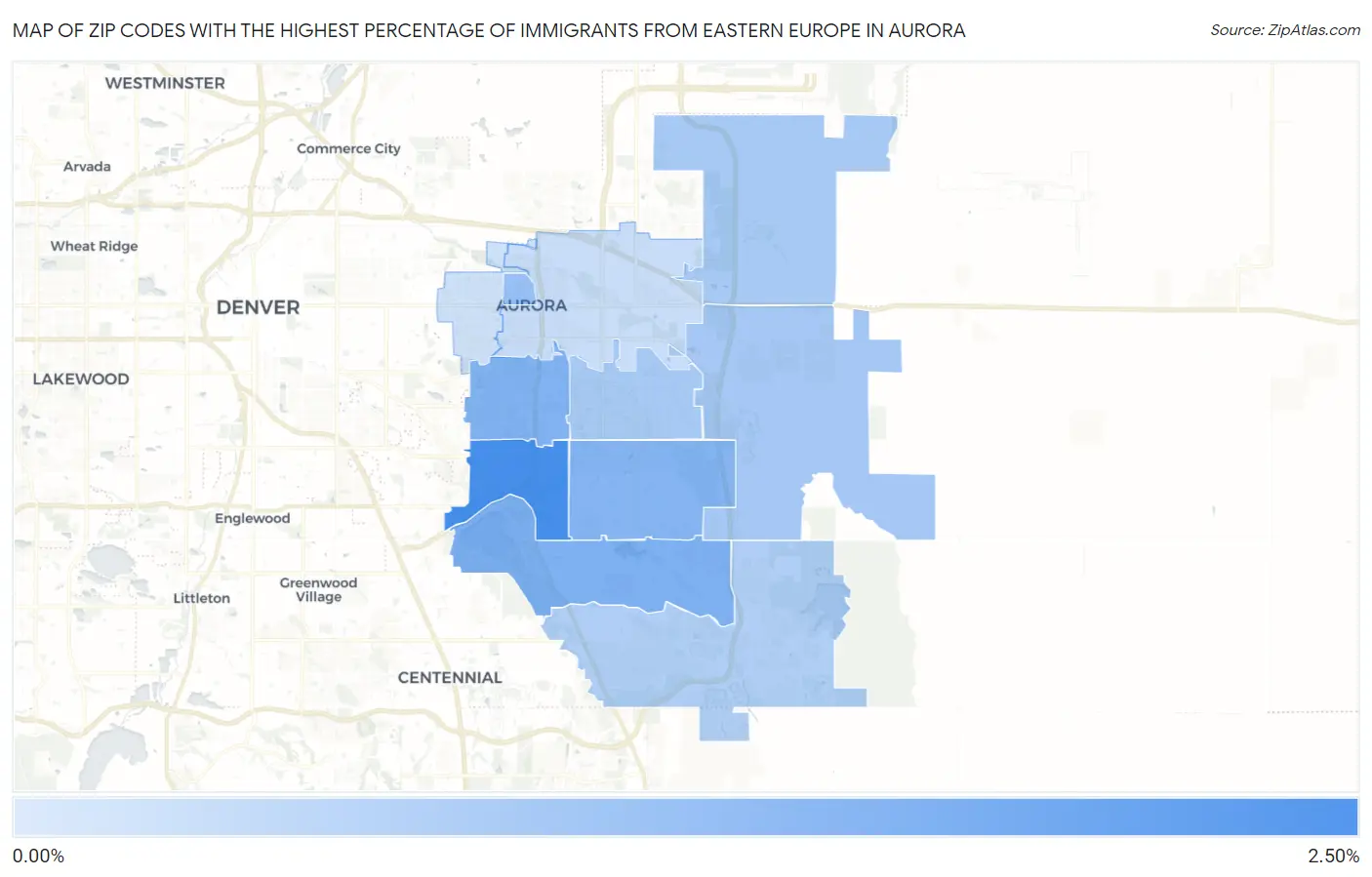 Zip Codes with the Highest Percentage of Immigrants from Eastern Europe in Aurora Map