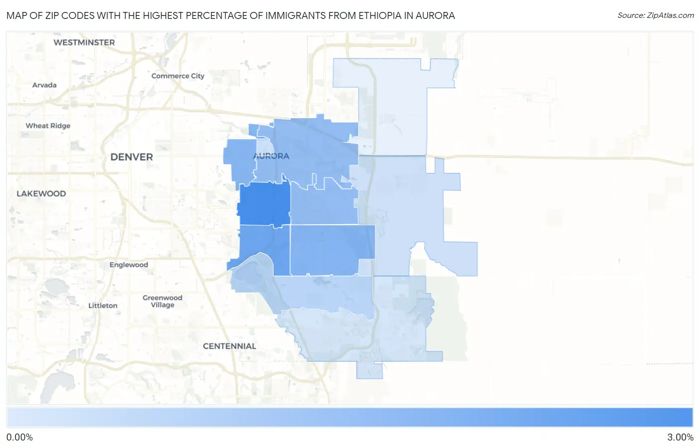 Zip Codes with the Highest Percentage of Immigrants from Ethiopia in Aurora Map