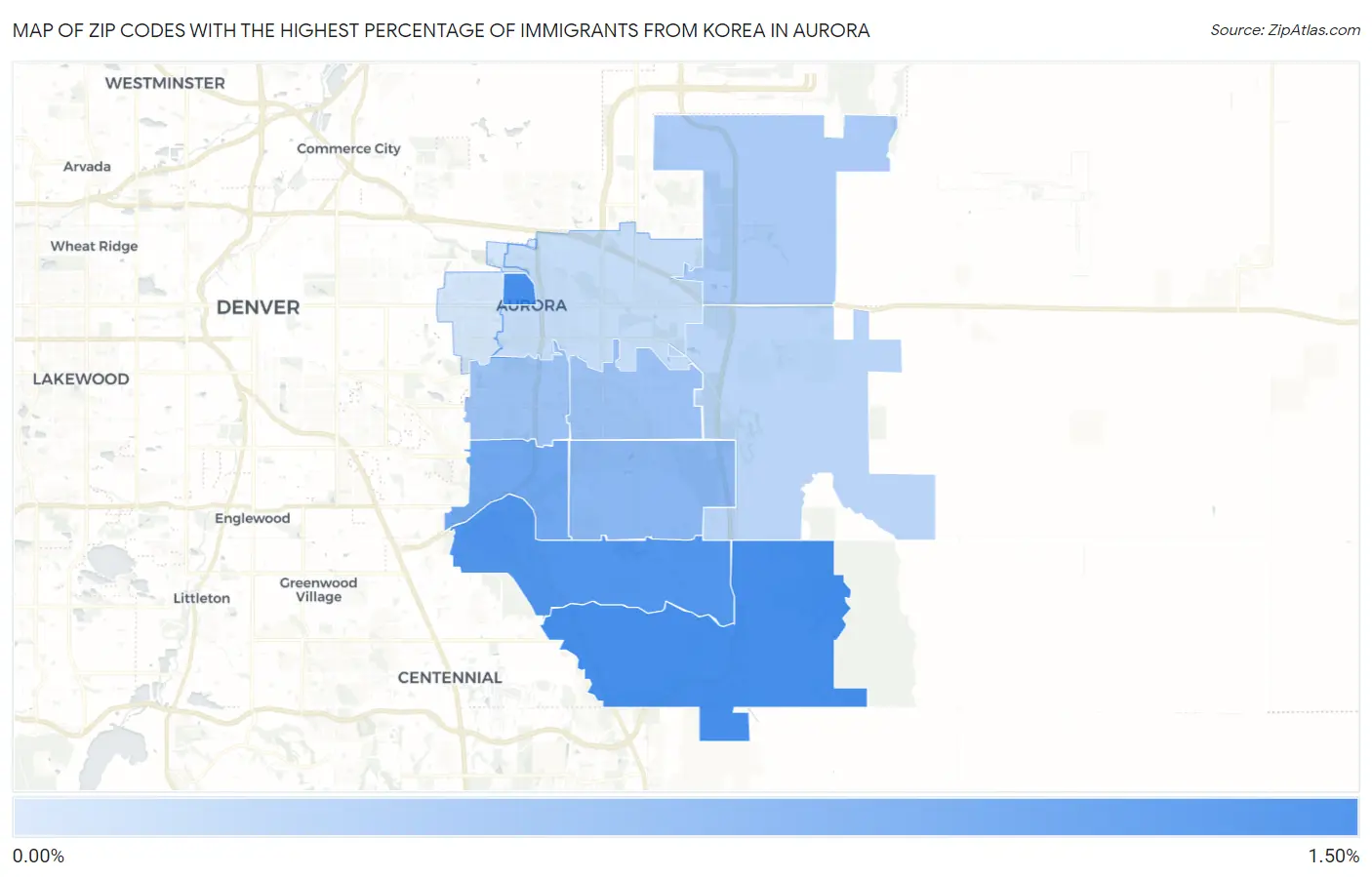 Zip Codes with the Highest Percentage of Immigrants from Korea in Aurora Map
