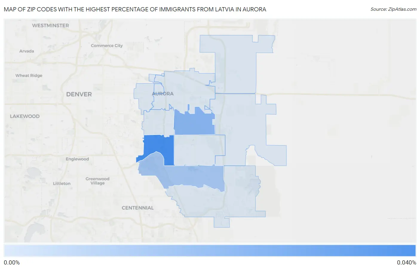 Zip Codes with the Highest Percentage of Immigrants from Latvia in Aurora Map