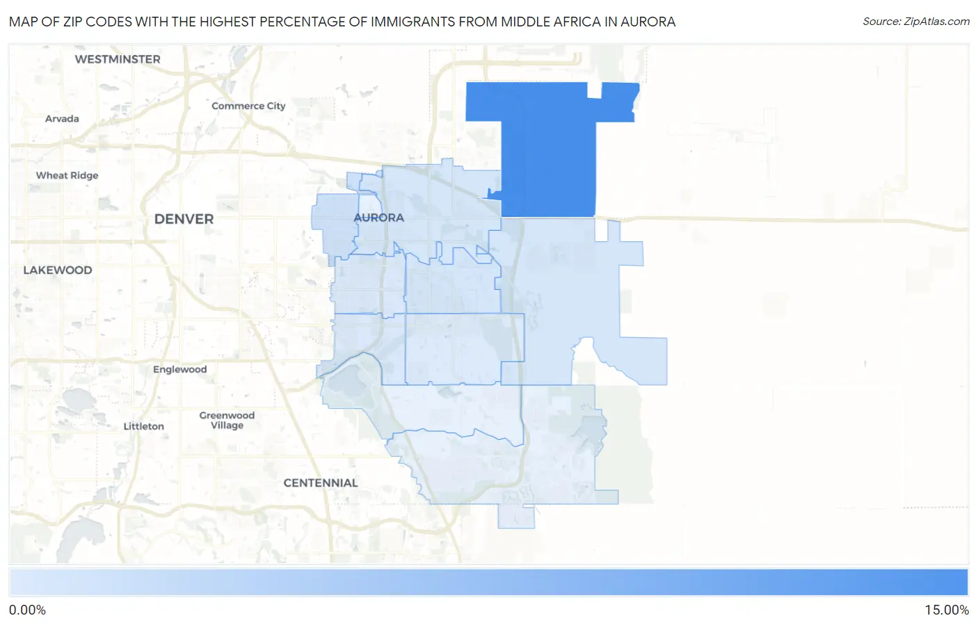 Zip Codes with the Highest Percentage of Immigrants from Middle Africa in Aurora Map