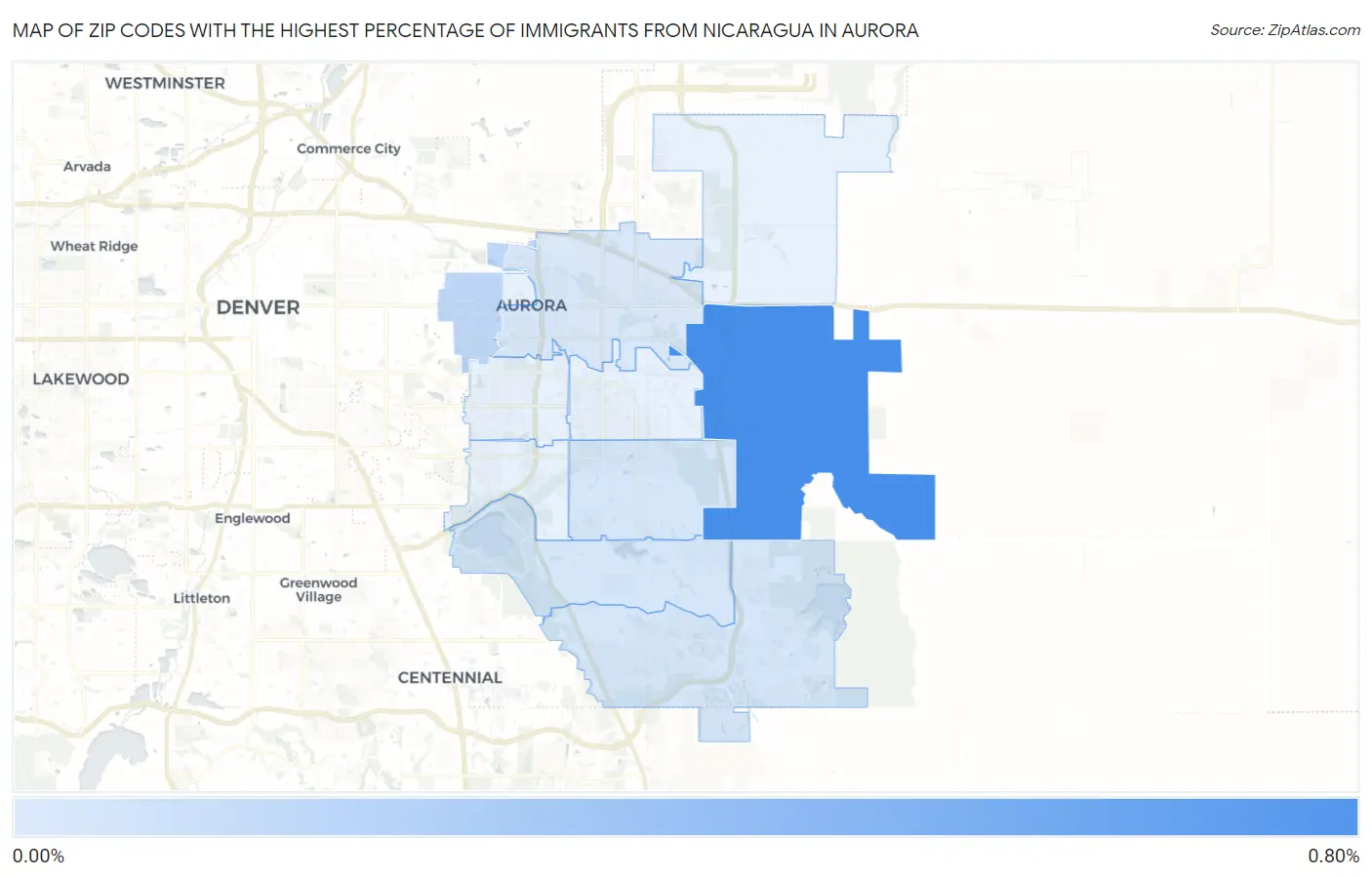 Zip Codes with the Highest Percentage of Immigrants from Nicaragua in Aurora Map