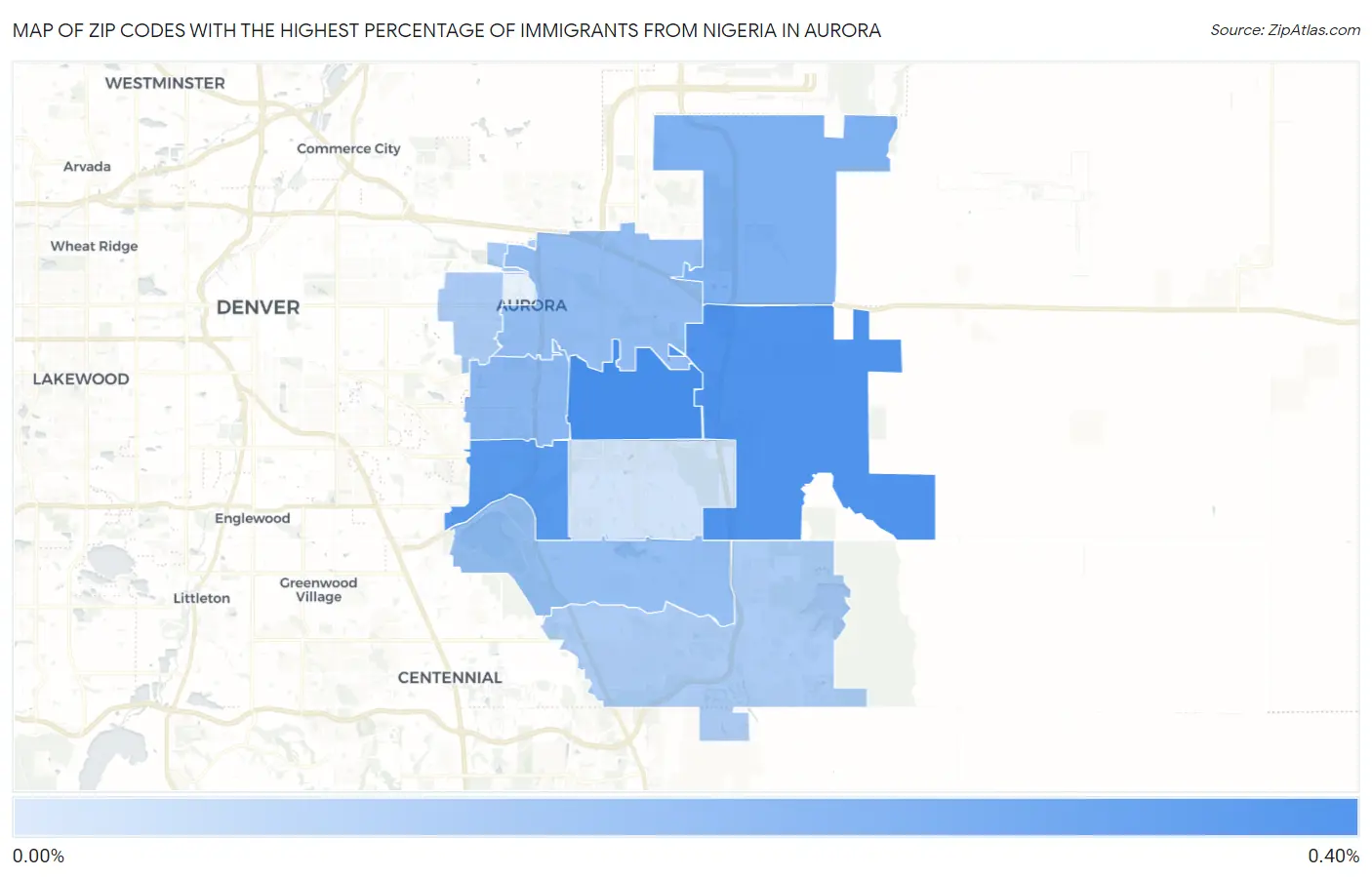 Zip Codes with the Highest Percentage of Immigrants from Nigeria in Aurora Map