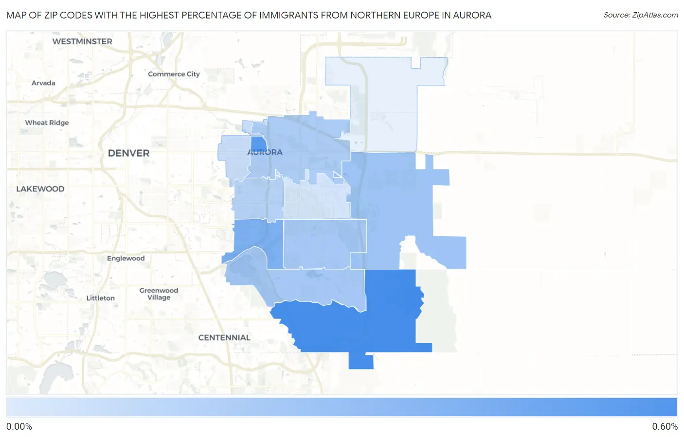 Zip Codes with the Highest Percentage of Immigrants from Northern Europe in Aurora Map