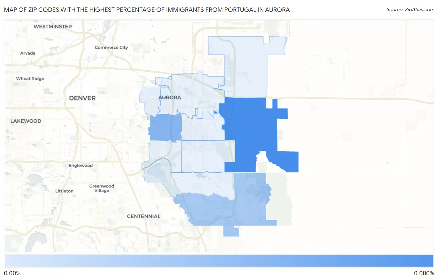 Zip Codes with the Highest Percentage of Immigrants from Portugal in Aurora Map