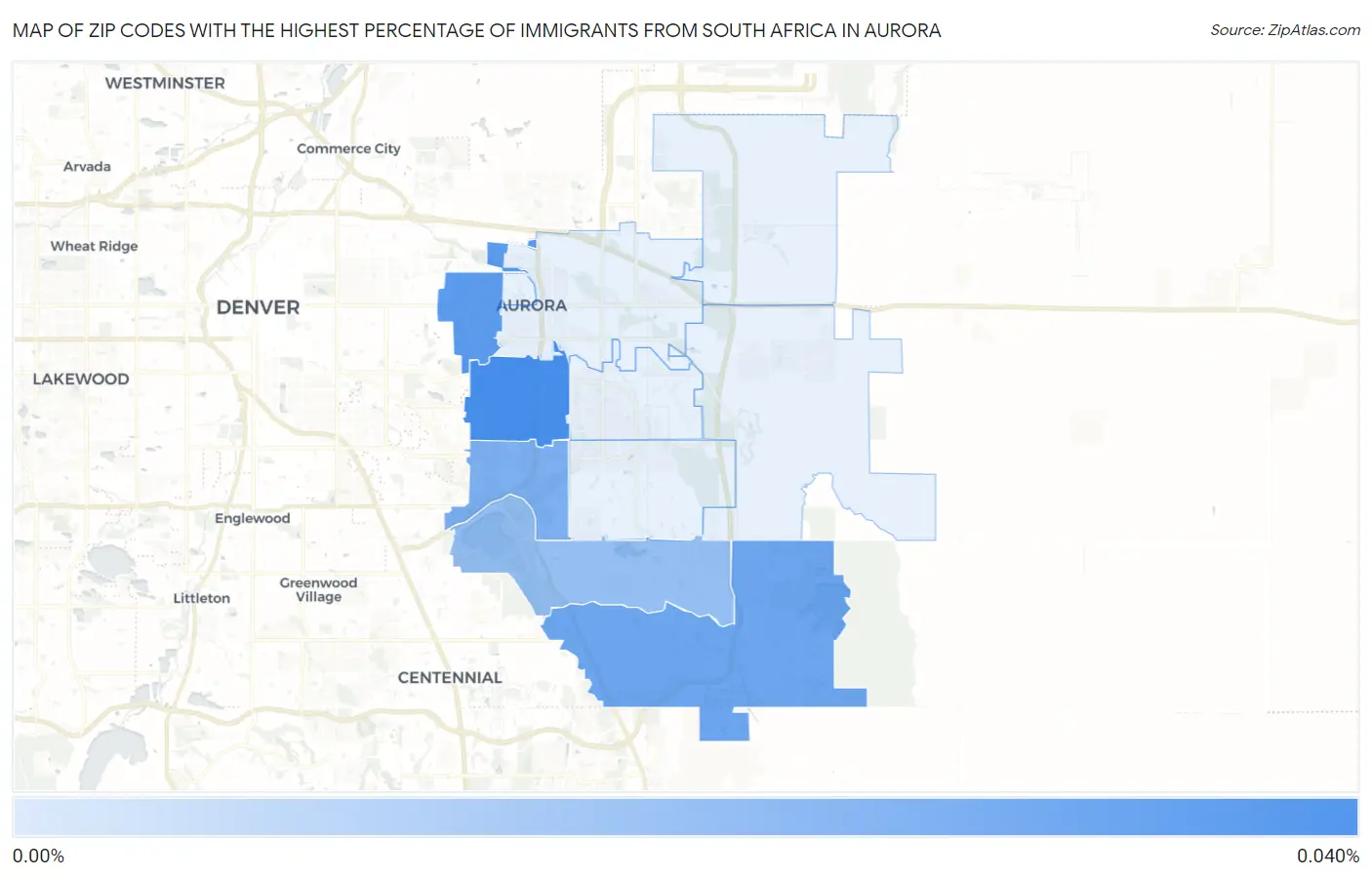 Zip Codes with the Highest Percentage of Immigrants from South Africa in Aurora Map