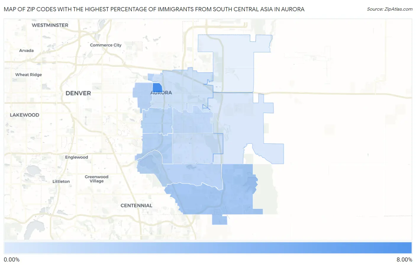 Zip Codes with the Highest Percentage of Immigrants from South Central Asia in Aurora Map