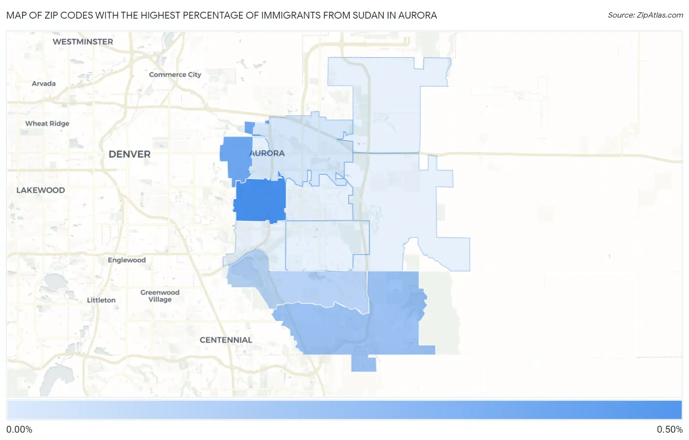 Zip Codes with the Highest Percentage of Immigrants from Sudan in Aurora Map