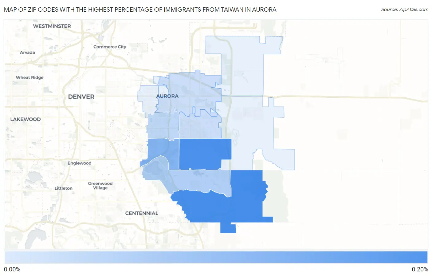 Zip Codes with the Highest Percentage of Immigrants from Taiwan in Aurora Map