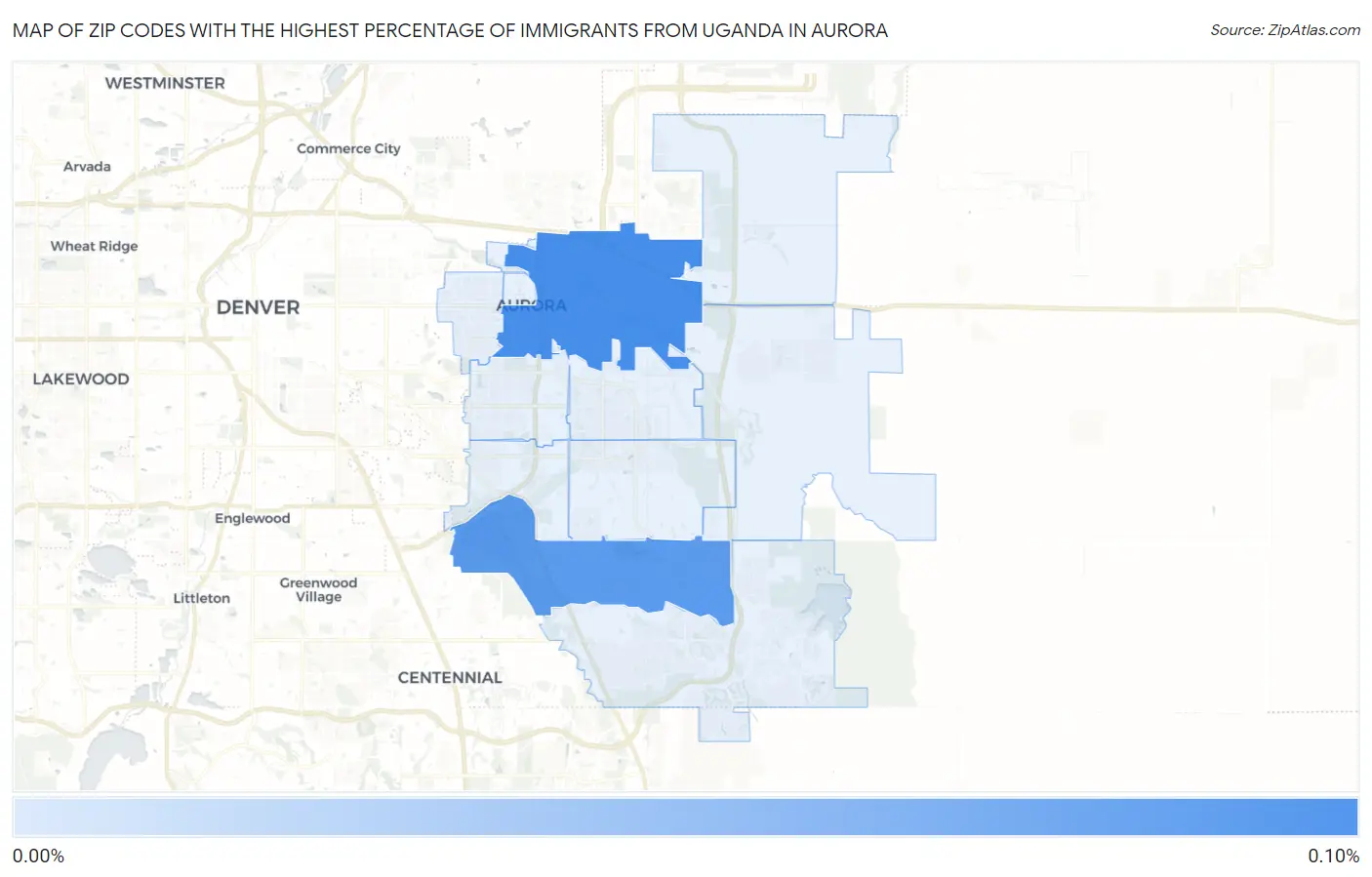 Zip Codes with the Highest Percentage of Immigrants from Uganda in Aurora Map
