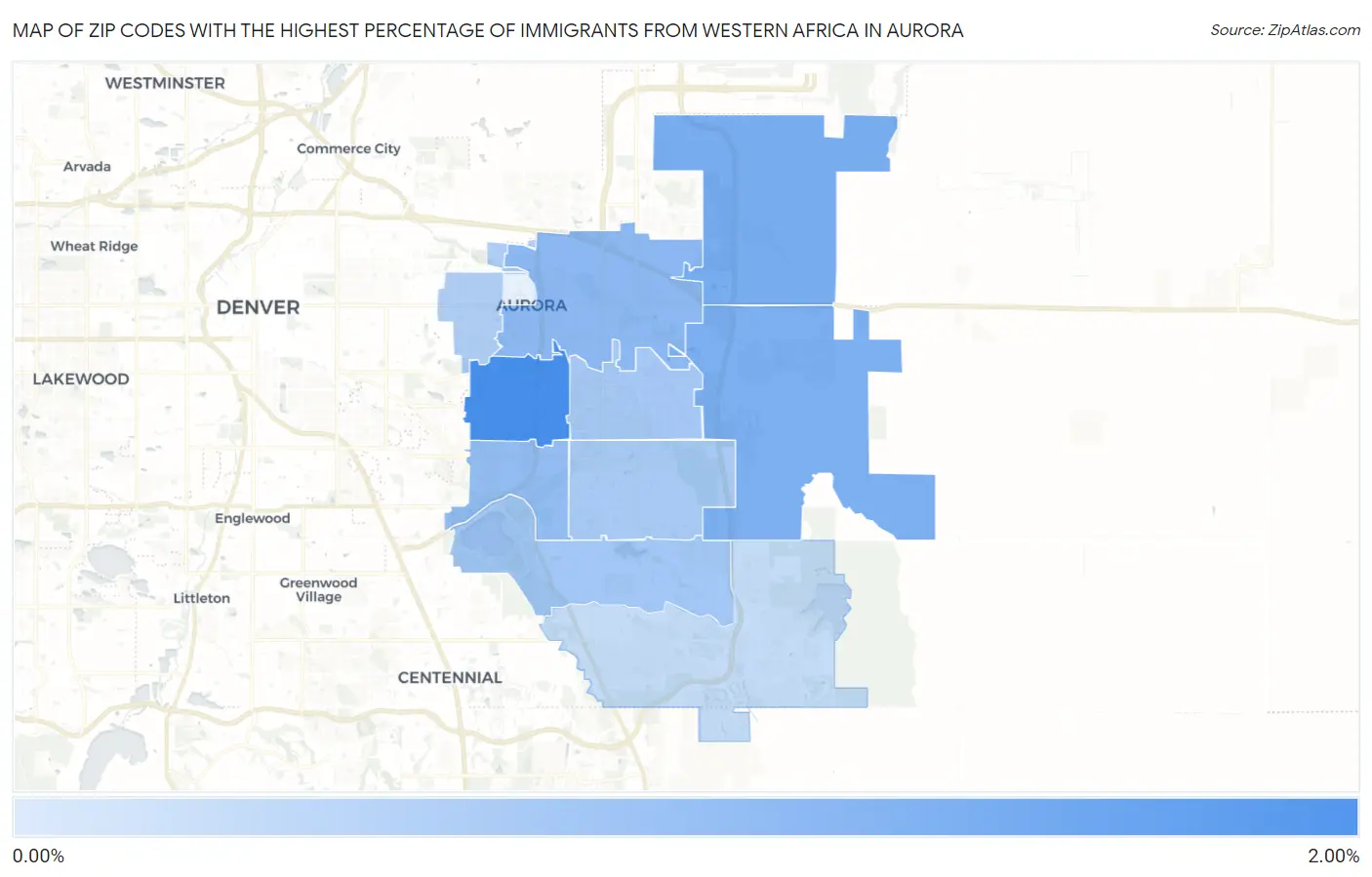 Zip Codes with the Highest Percentage of Immigrants from Western Africa in Aurora Map
