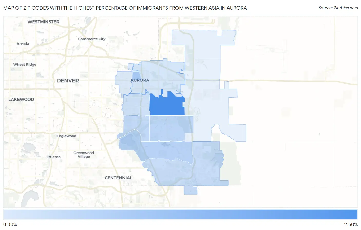 Zip Codes with the Highest Percentage of Immigrants from Western Asia in Aurora Map