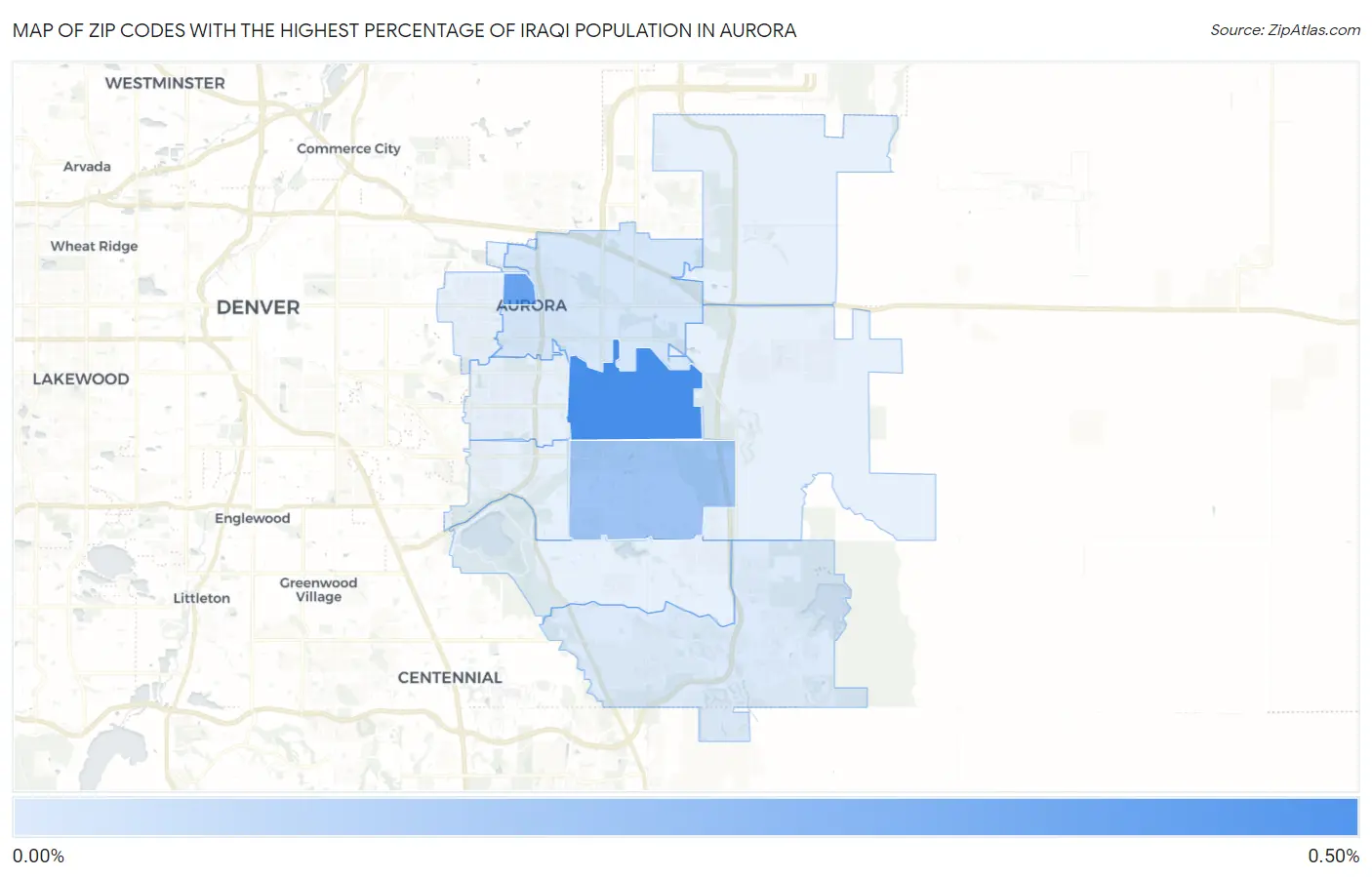Zip Codes with the Highest Percentage of Iraqi Population in Aurora Map