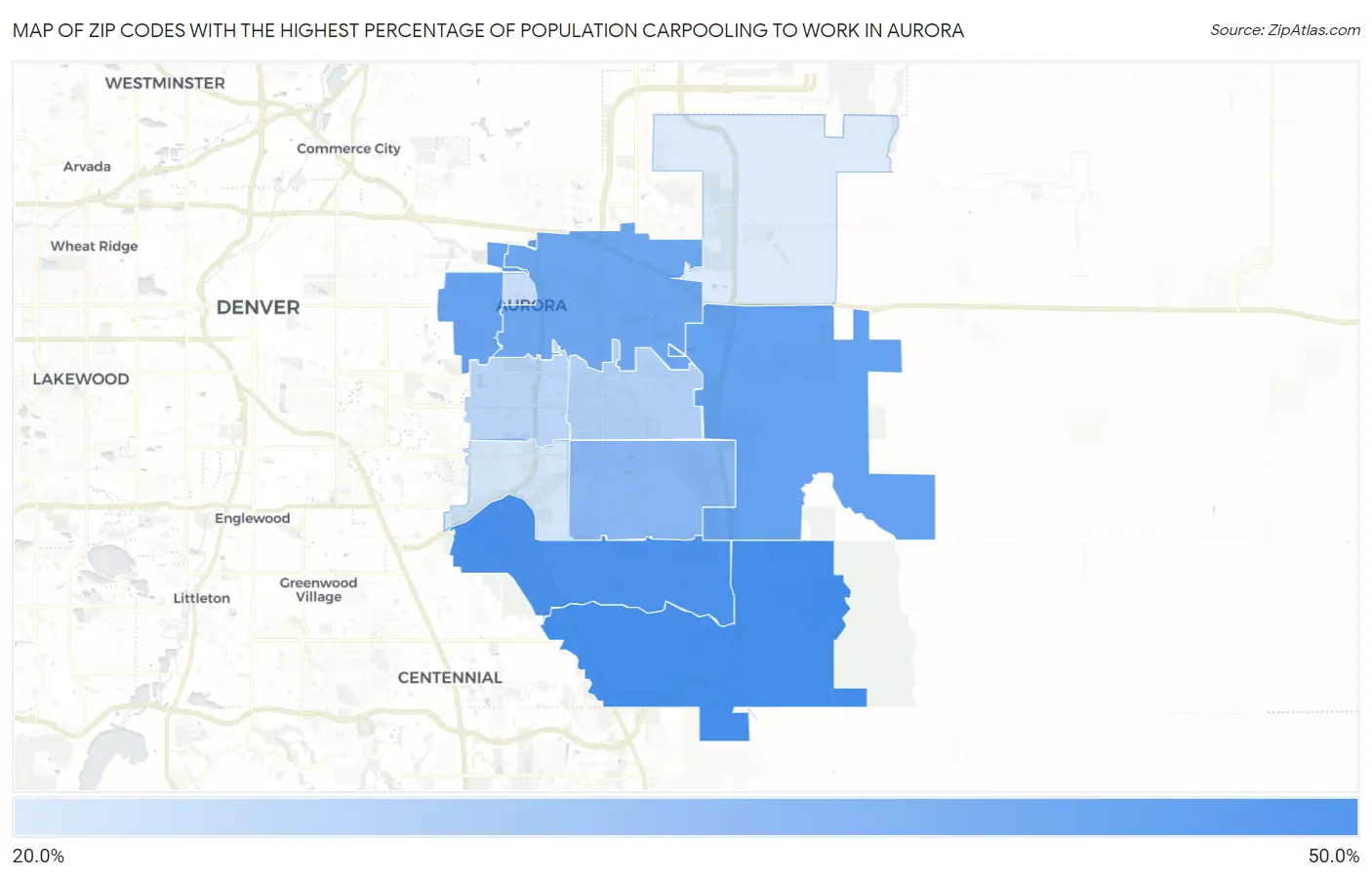 Zip Codes with the Highest Percentage of Population Carpooling to Work in Aurora Map
