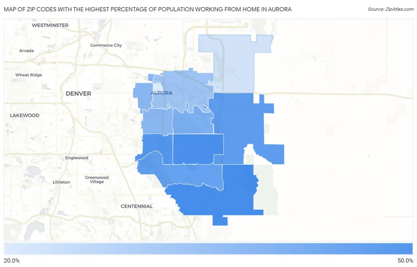 Zip Codes with the Highest Percentage of Population Working from Home in Aurora Map