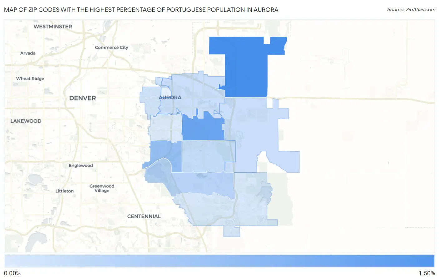 Zip Codes with the Highest Percentage of Portuguese Population in Aurora Map