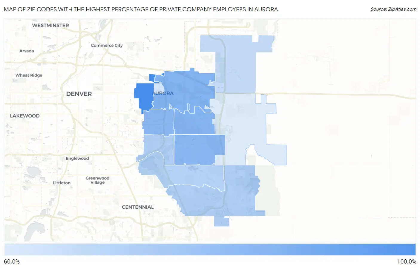 Zip Codes with the Highest Percentage of Private Company Employees in Aurora Map