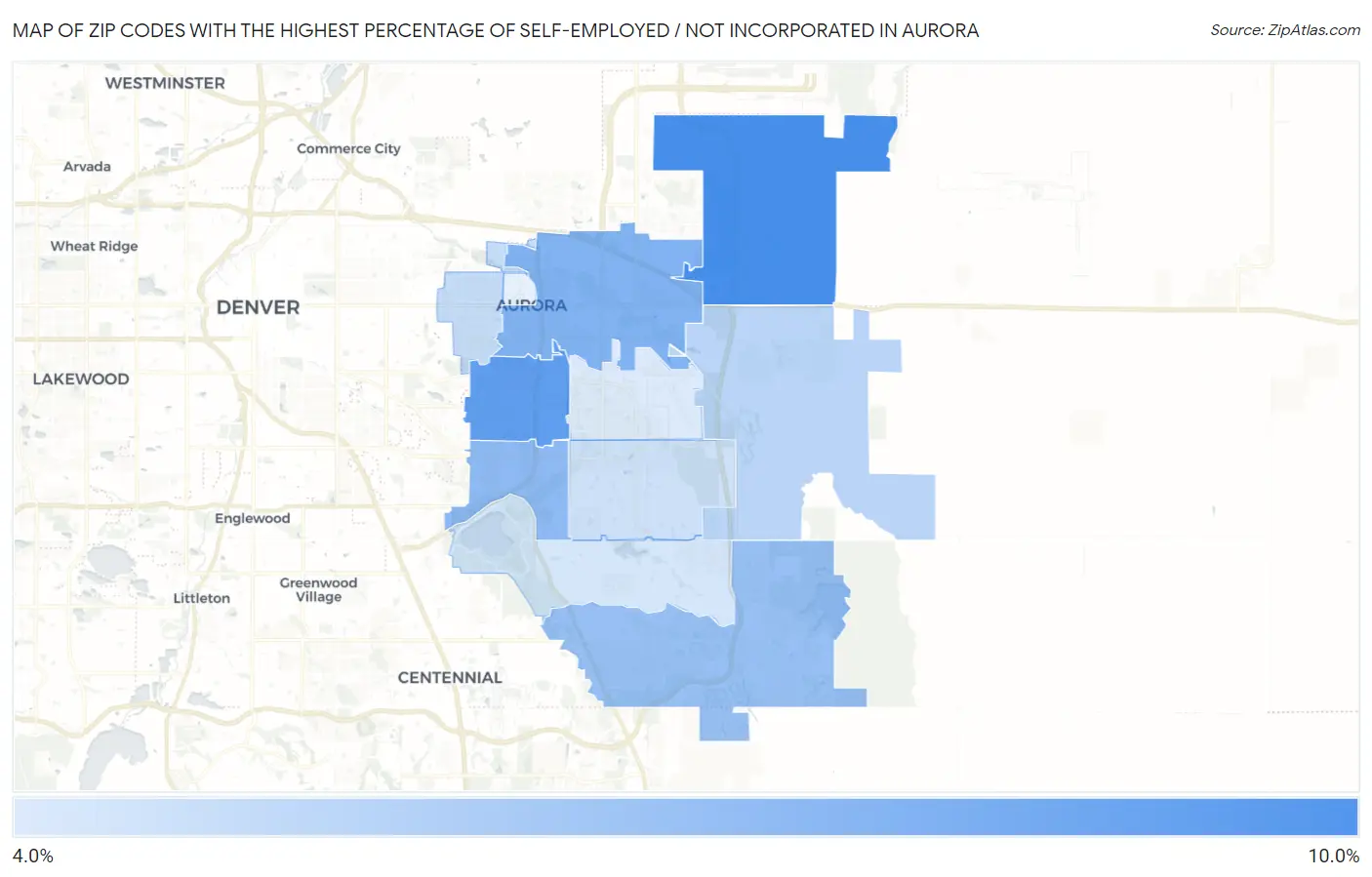 Zip Codes with the Highest Percentage of Self-Employed / Not Incorporated in Aurora Map