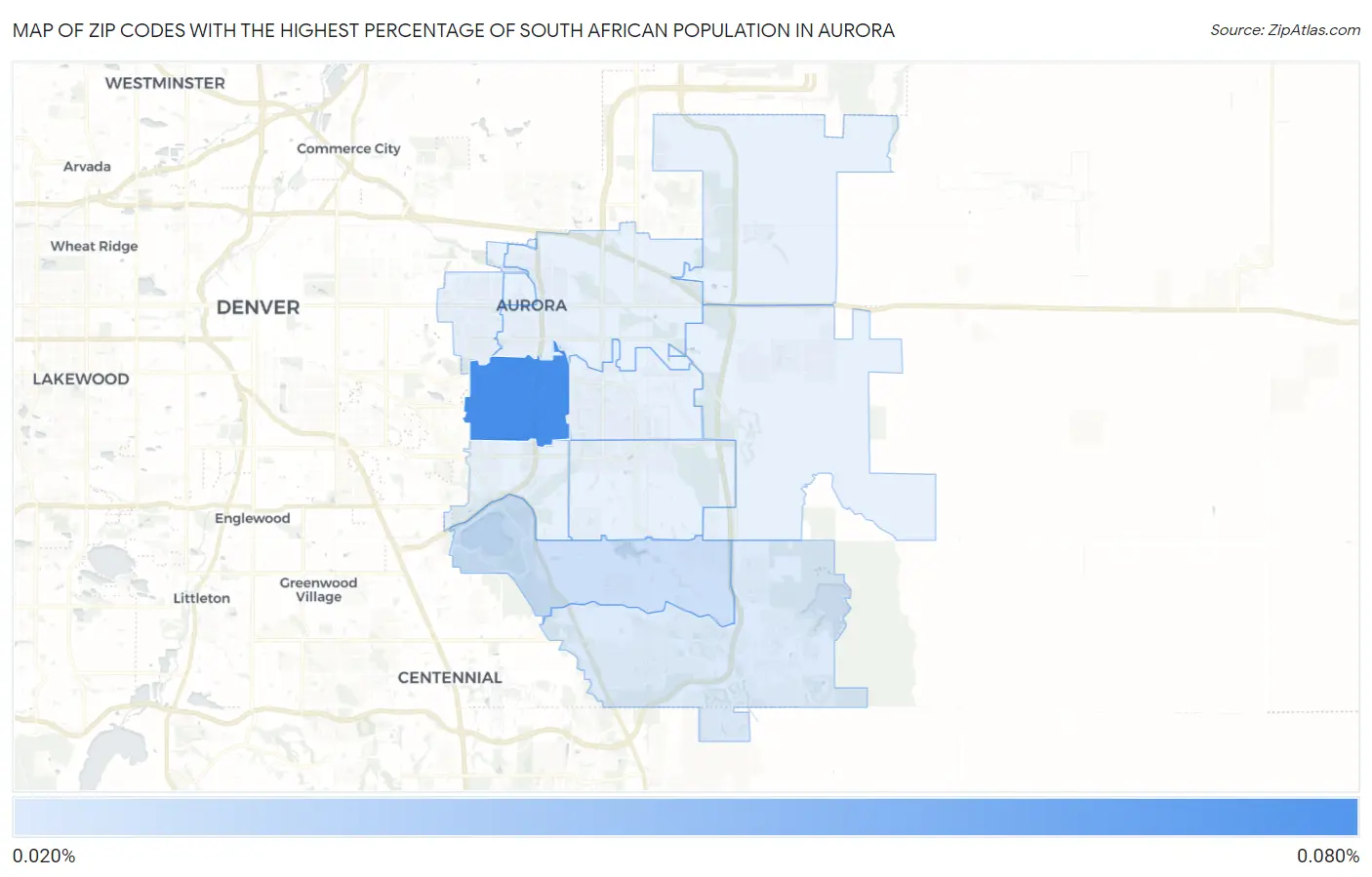 Zip Codes with the Highest Percentage of South African Population in Aurora Map