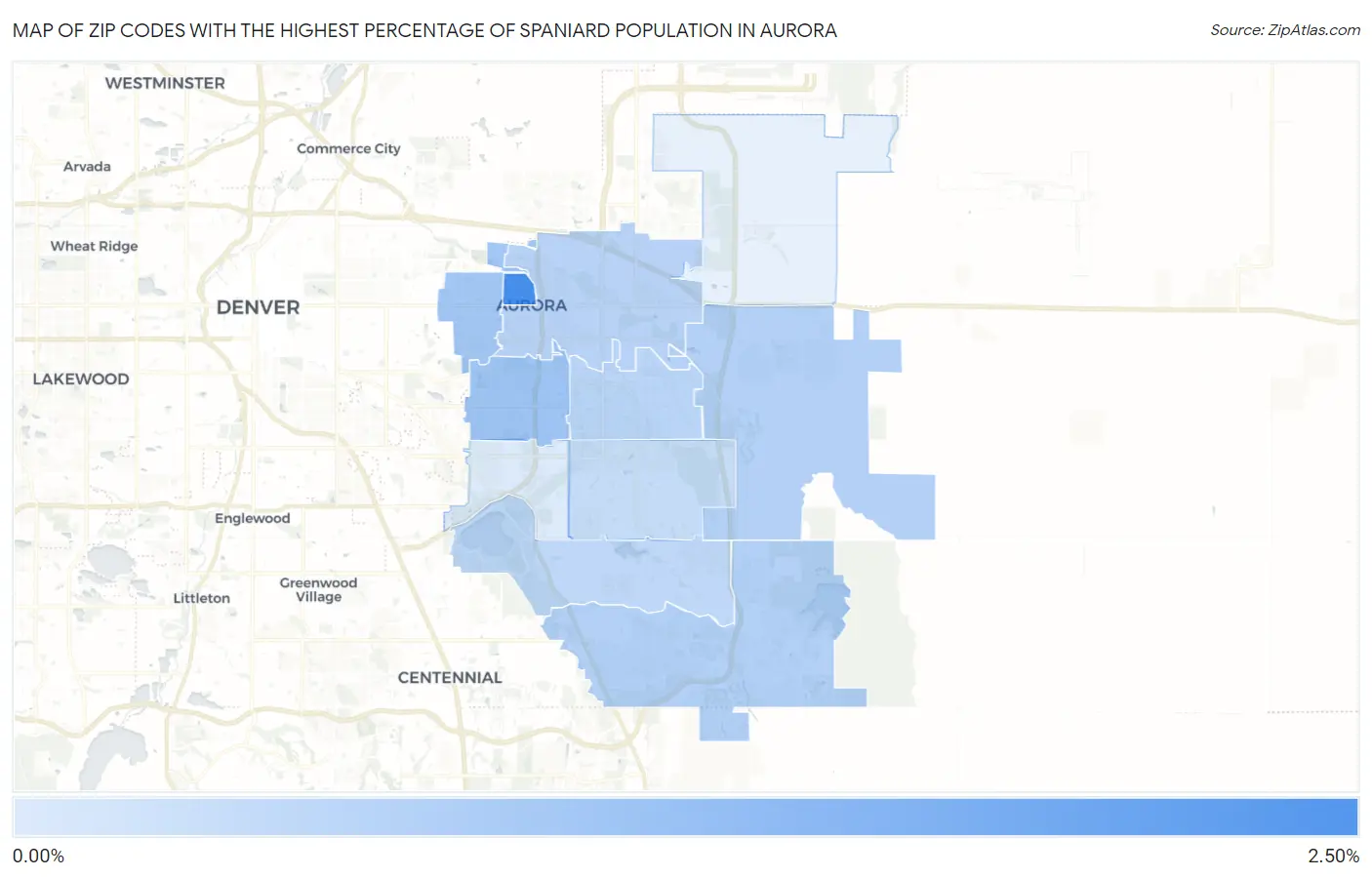 Zip Codes with the Highest Percentage of Spaniard Population in Aurora Map