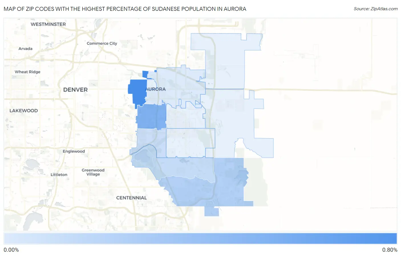 Zip Codes with the Highest Percentage of Sudanese Population in Aurora Map