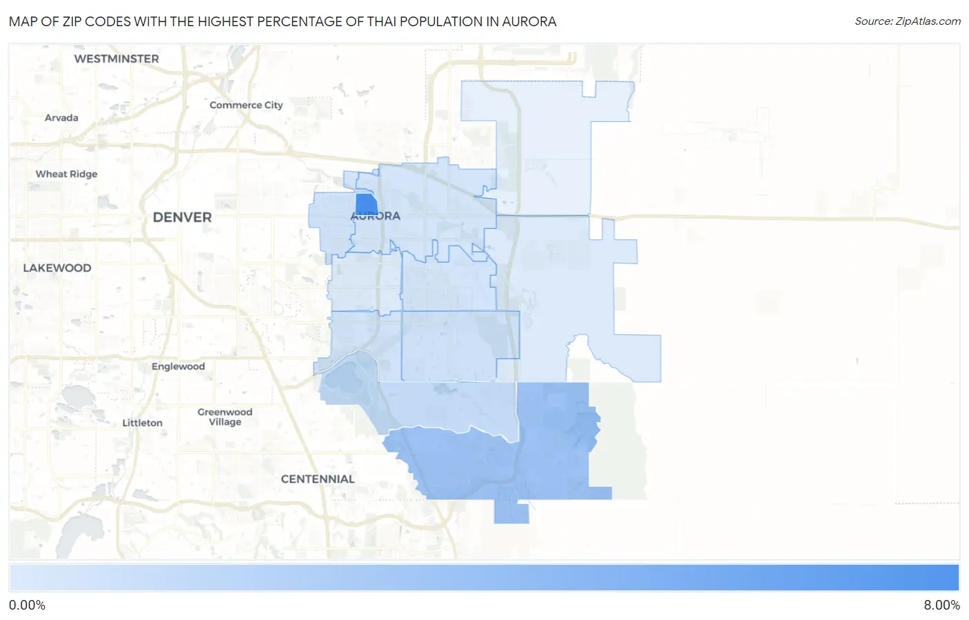 Zip Codes with the Highest Percentage of Thai Population in Aurora Map