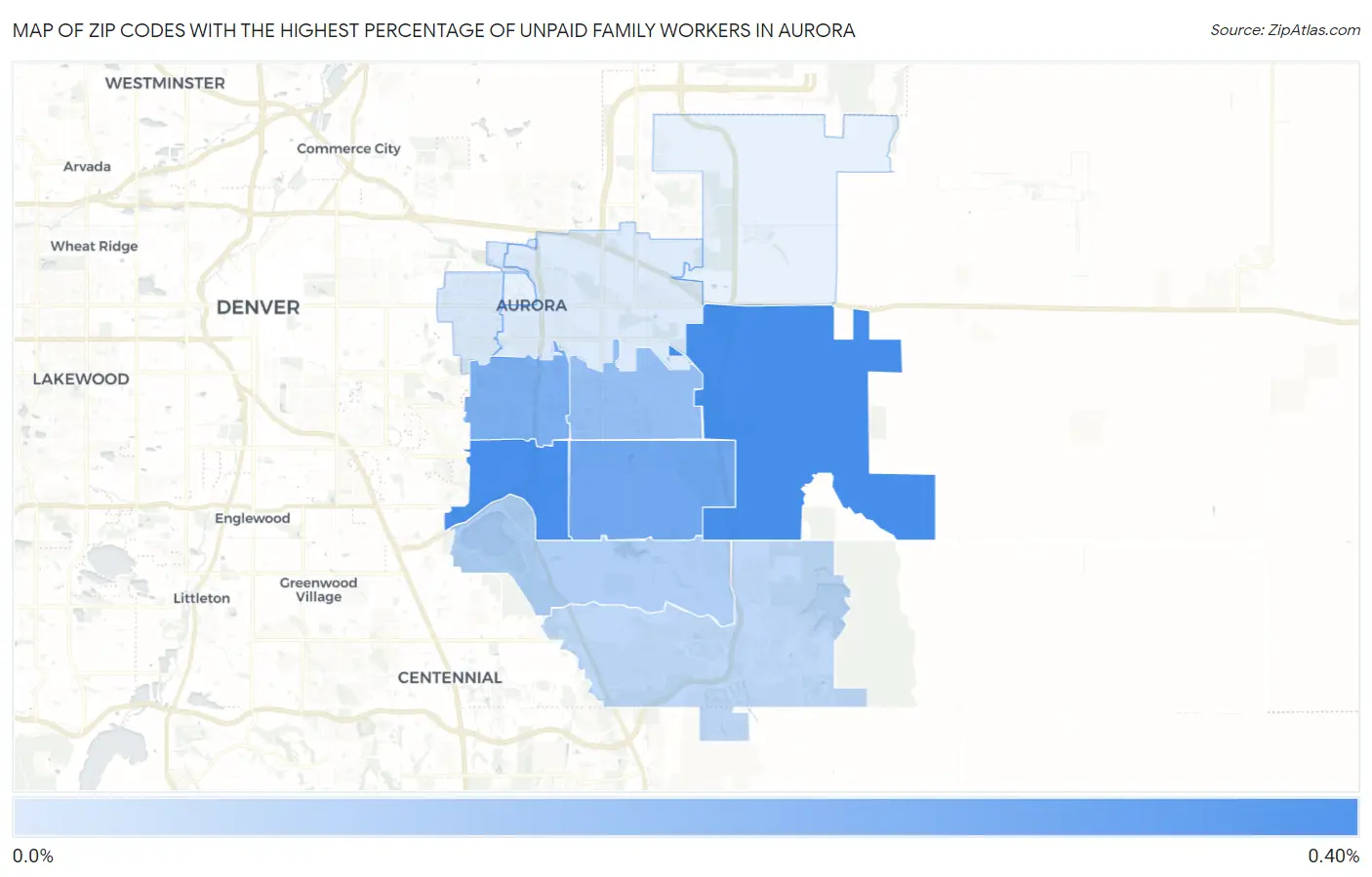 Zip Codes with the Highest Percentage of Unpaid Family Workers in Aurora Map