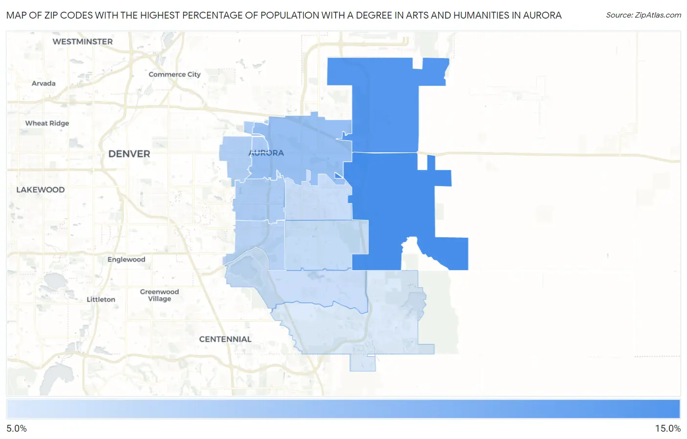 Zip Codes with the Highest Percentage of Population with a Degree in Arts and Humanities in Aurora Map