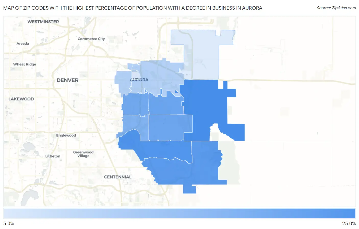 Zip Codes with the Highest Percentage of Population with a Degree in Business in Aurora Map