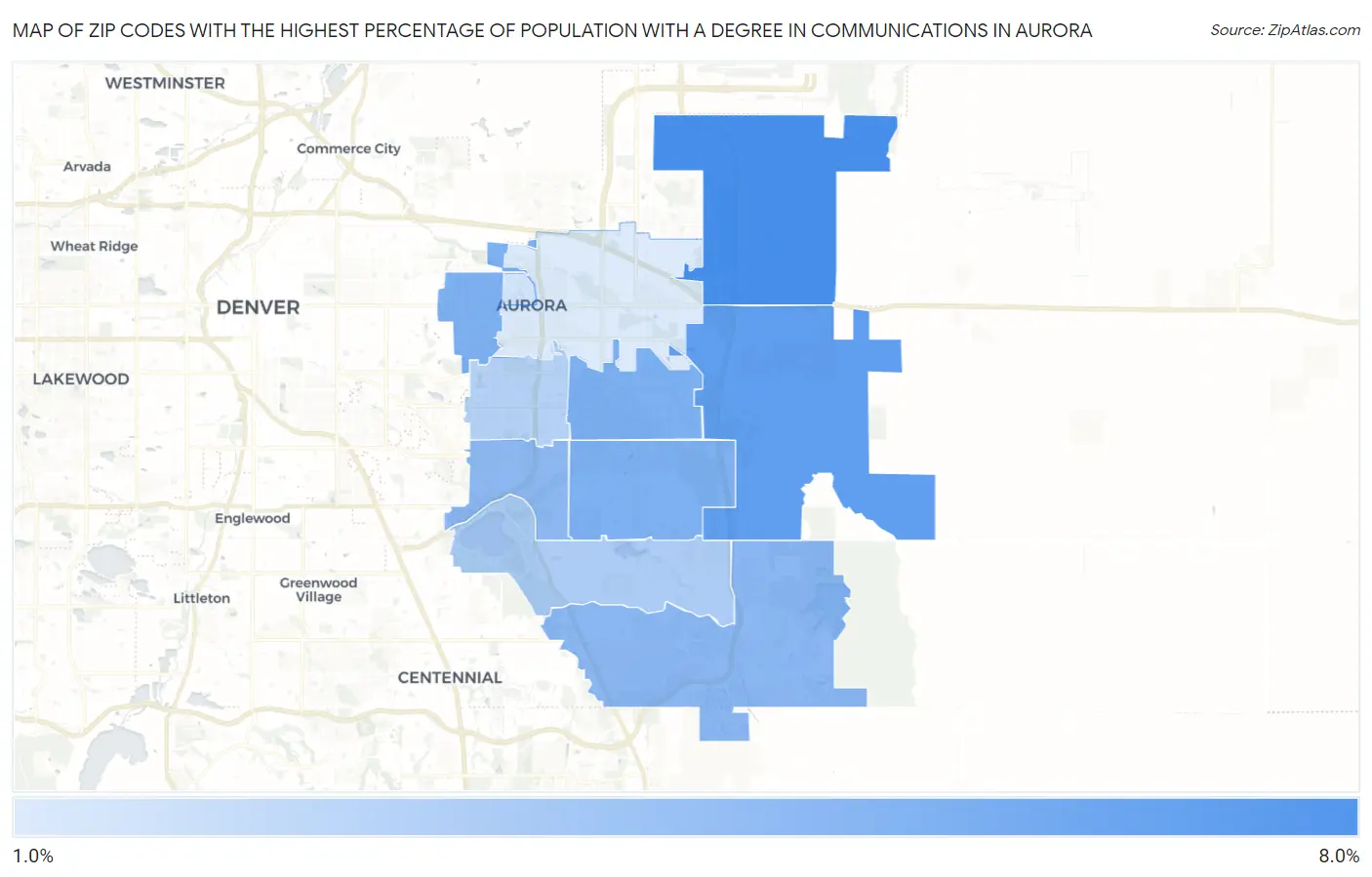 Zip Codes with the Highest Percentage of Population with a Degree in Communications in Aurora Map