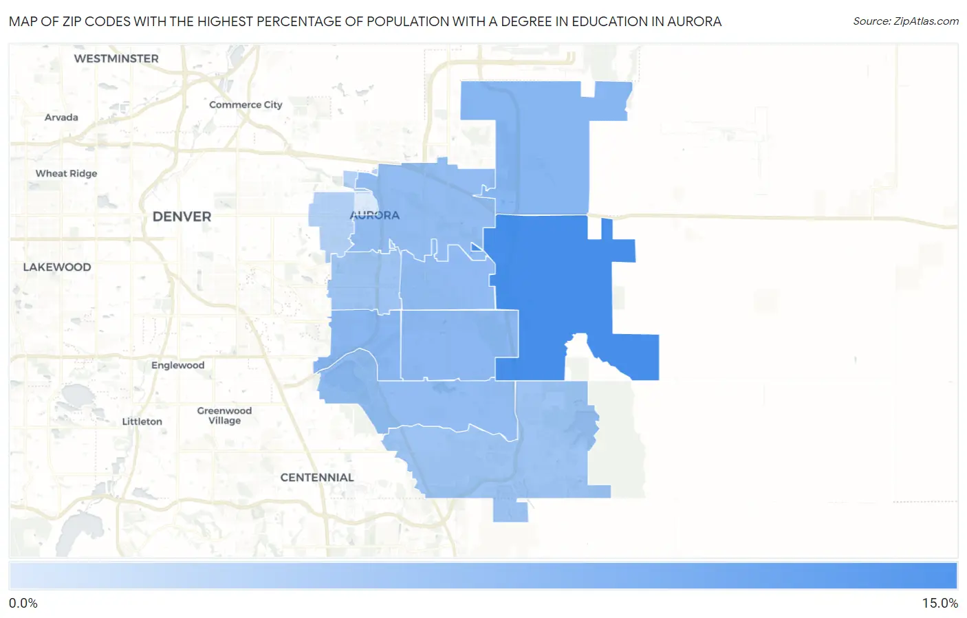 Zip Codes with the Highest Percentage of Population with a Degree in Education in Aurora Map