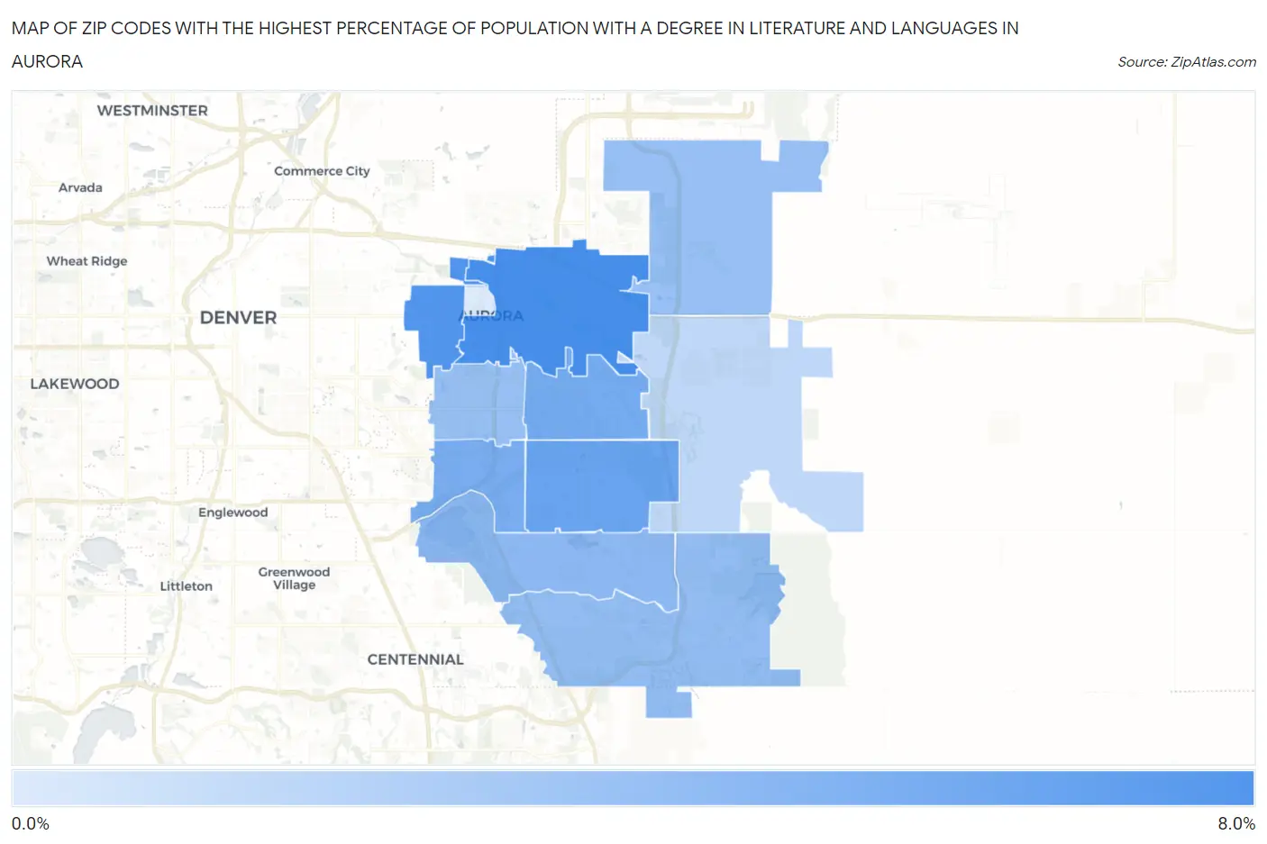 Zip Codes with the Highest Percentage of Population with a Degree in Literature and Languages in Aurora Map