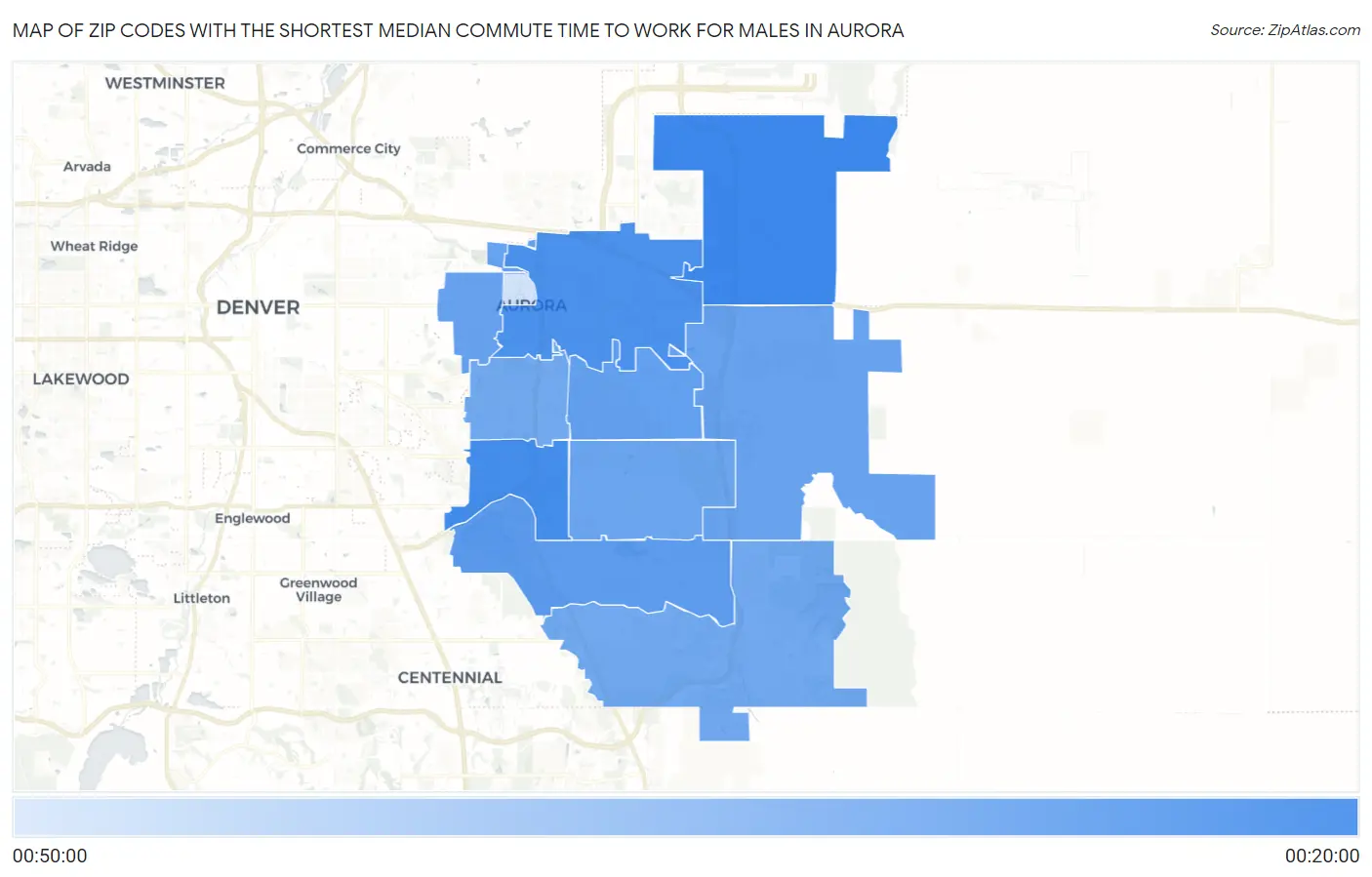Zip Codes with the Shortest Median Commute Time to Work for Males in Aurora Map