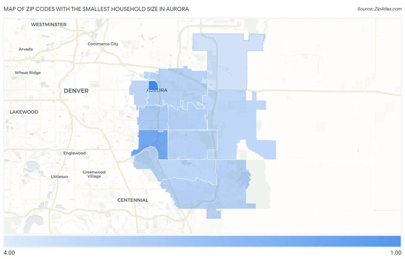 Zip Codes with the Smallest Household Size in Aurora Map