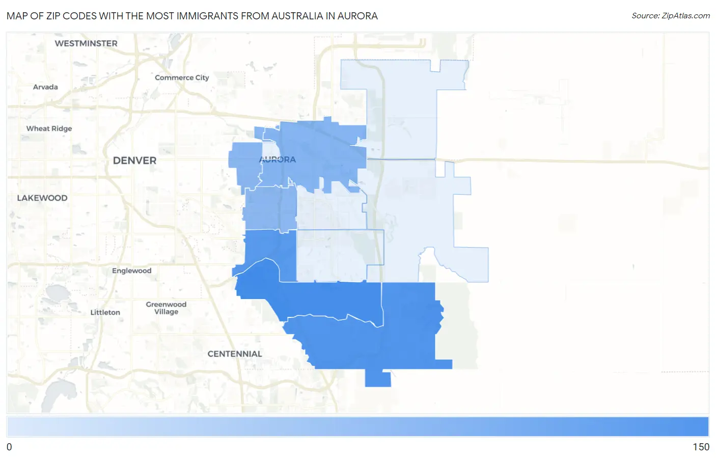 Zip Codes with the Most Immigrants from Australia in Aurora Map
