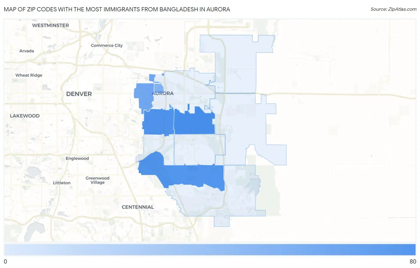 Zip Codes with the Most Immigrants from Bangladesh in Aurora Map