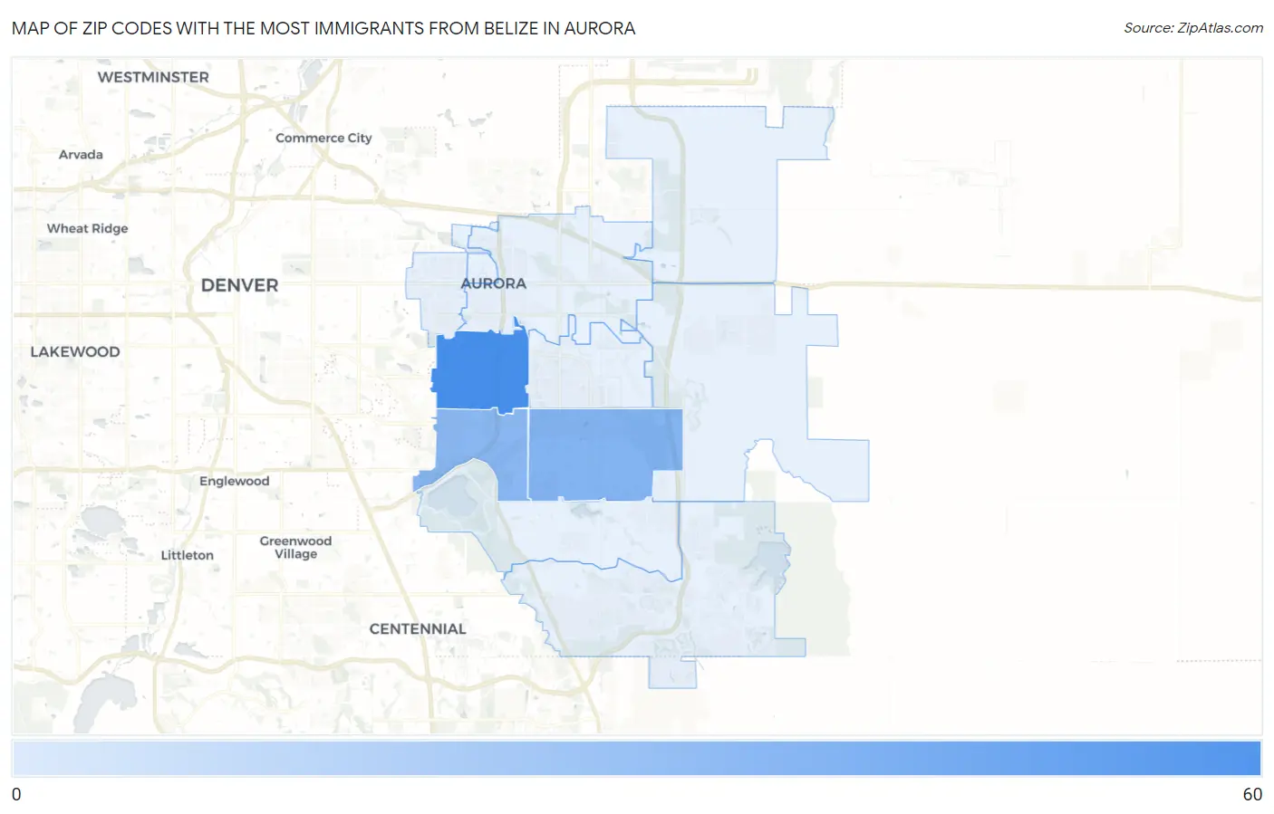Zip Codes with the Most Immigrants from Belize in Aurora Map