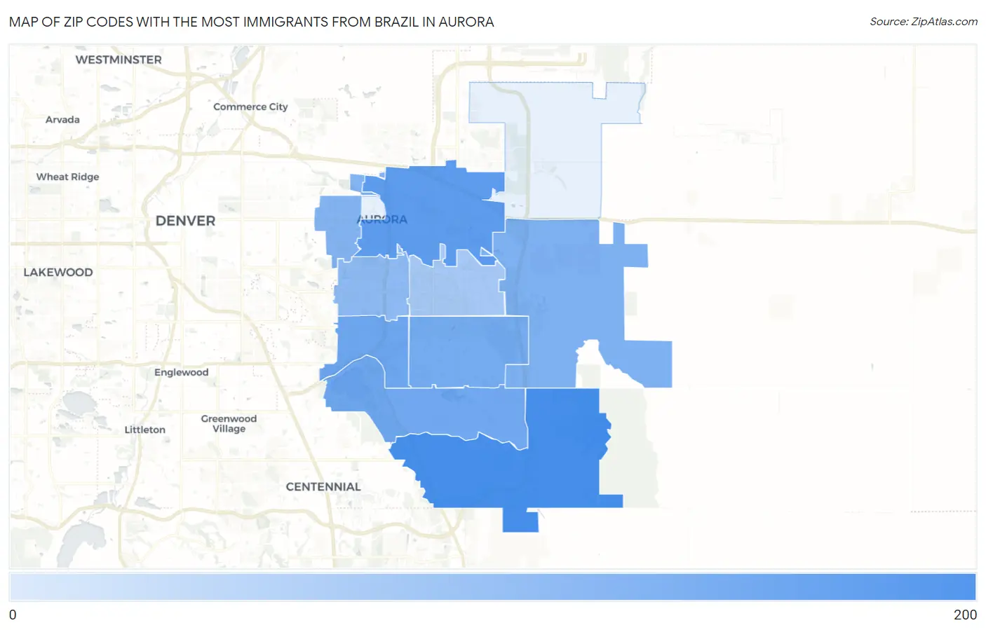 Zip Codes with the Most Immigrants from Brazil in Aurora Map