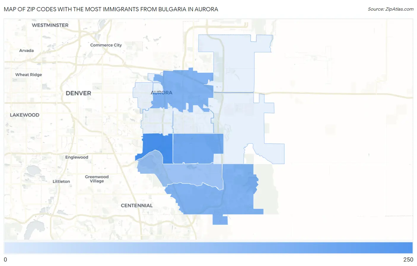 Zip Codes with the Most Immigrants from Bulgaria in Aurora Map