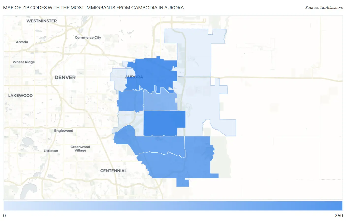 Zip Codes with the Most Immigrants from Cambodia in Aurora Map